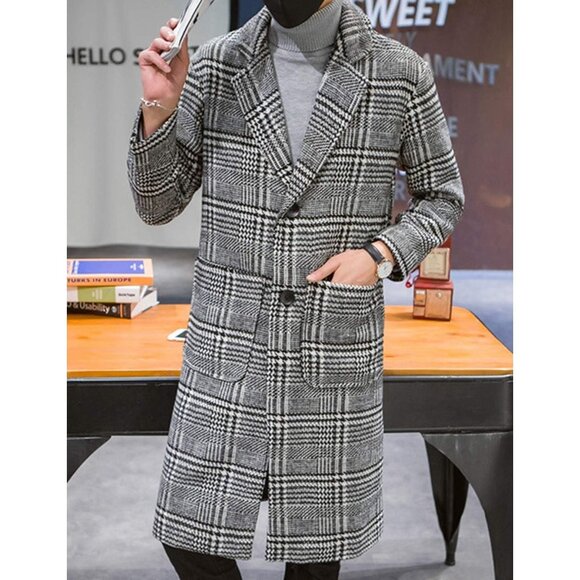 Mens Gray Winter Notched Collar Single Breasted Plaid Mid Long Trench Coat - Picture 7 of 8